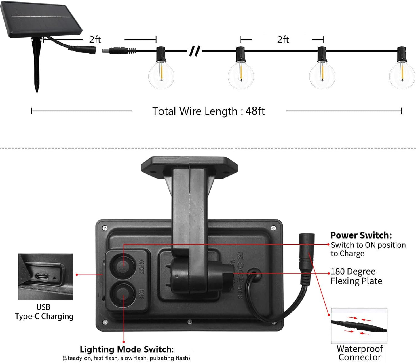 Solar String Lights, 48Ft Solar Patio Lights with 24 Shatterproof G40 LED Bulbs, Waterproof Solar Powered Outdoor Lights for Backyard, Garden, Deck, Porch, Pergola, Camping, Party
