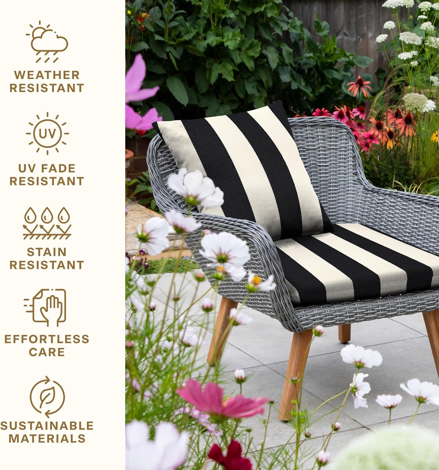 Outdoor Set of 2 Seat Pads, 18 X 17.5, Cabana Stripe Black & Ivory Universal Chair Cushions for Patio Furniture