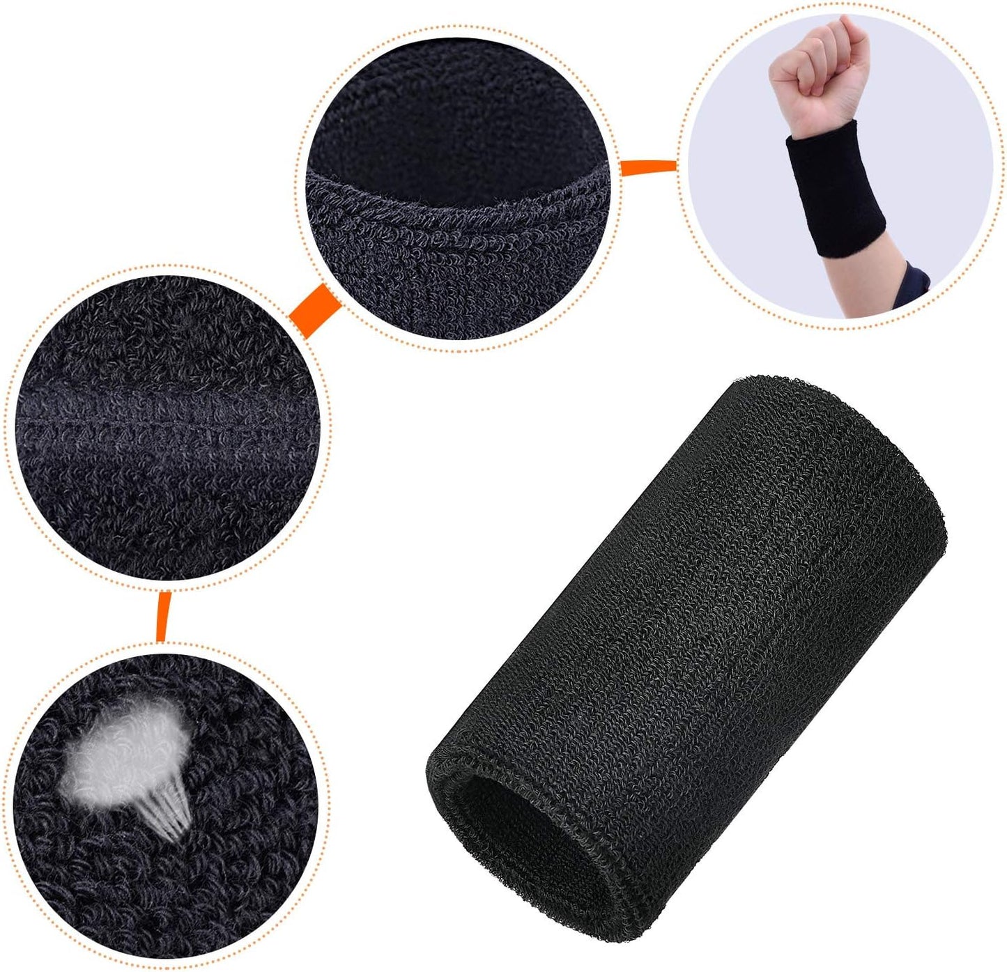 6 Inch Wrist Sweat Bands for Men Women Tennis Elastic Athletic Long Sweatband Wrist Absorbent for Basketball Tennis Running Outdoor Activity