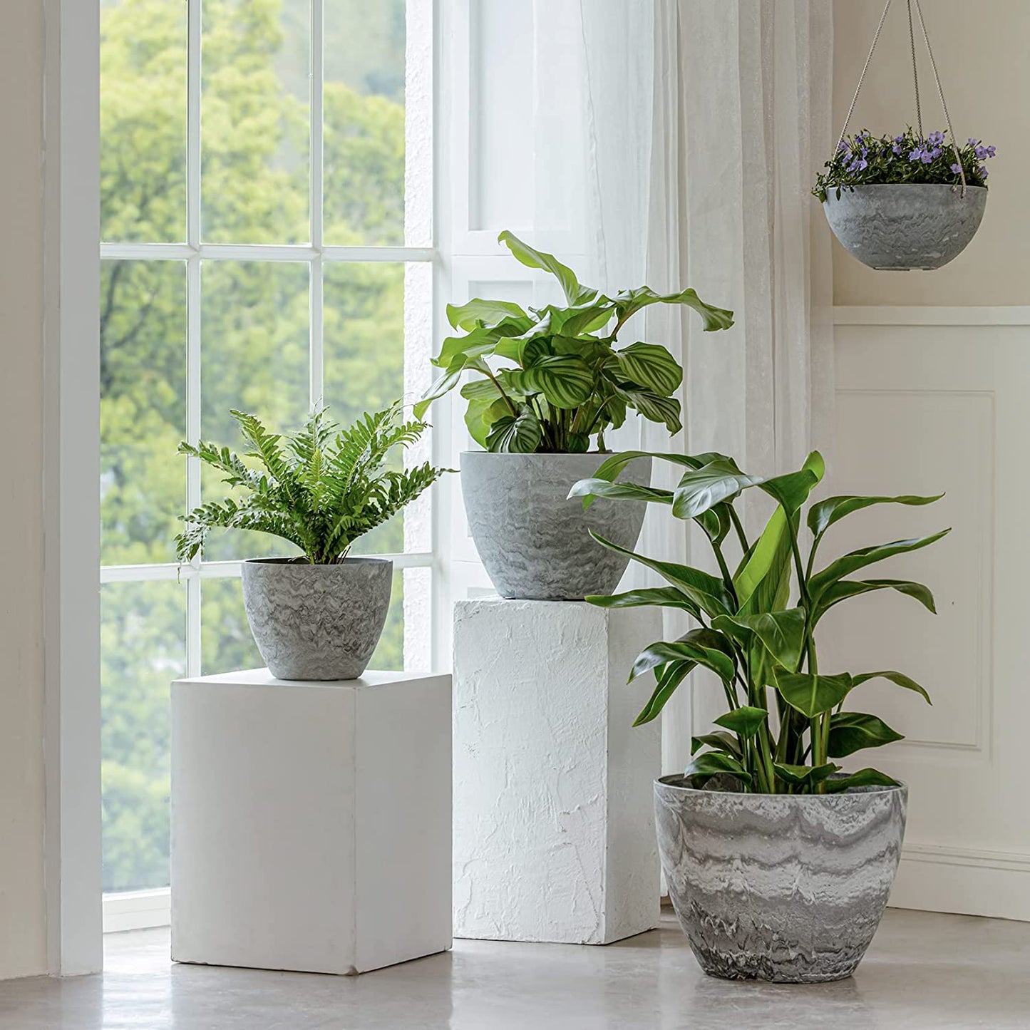 Flower Pot Large Garden Planters 11.3 Inches Pack 2 Outdoor Indoor, Resin Plant Containers with Drain Hole (Marble)