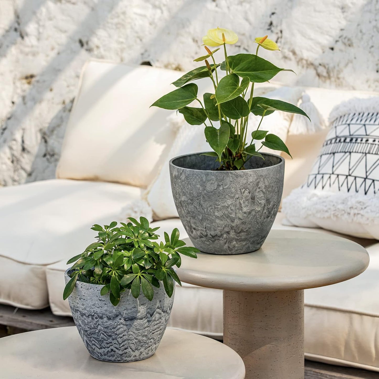 Flower Pots Outdoor Garden Planters, Indoor Plant Pots with Drainage Holes, Plastic, Marble Pattern Grey, Set 2 (8.6 + 7.5 Inch)