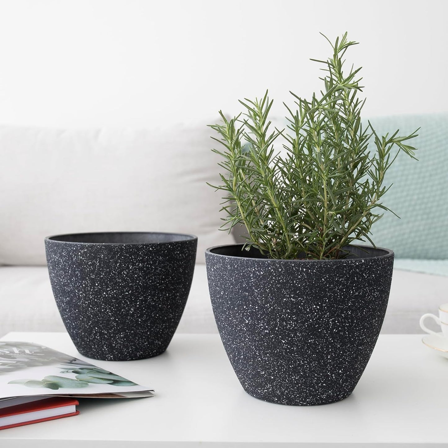 Flower Pots Outdoor Garden Planters, Indoor Plant Pots with Drainage Holes, Plastic, Speckled Black, Set 2 (7.5 + 7.5 Inch)