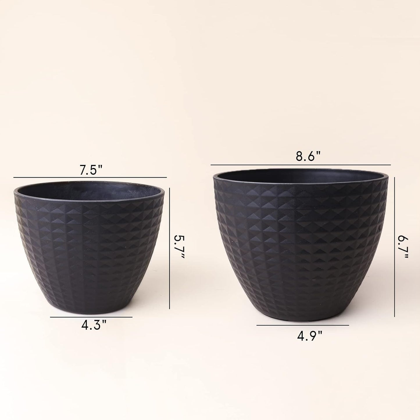 Flower Pots Outdoor Indoor, Modern Chic Planters with Geometric Mosaic Texture Patterns, Set of 2, Matte Black (8.6 + 7.5 Inch)