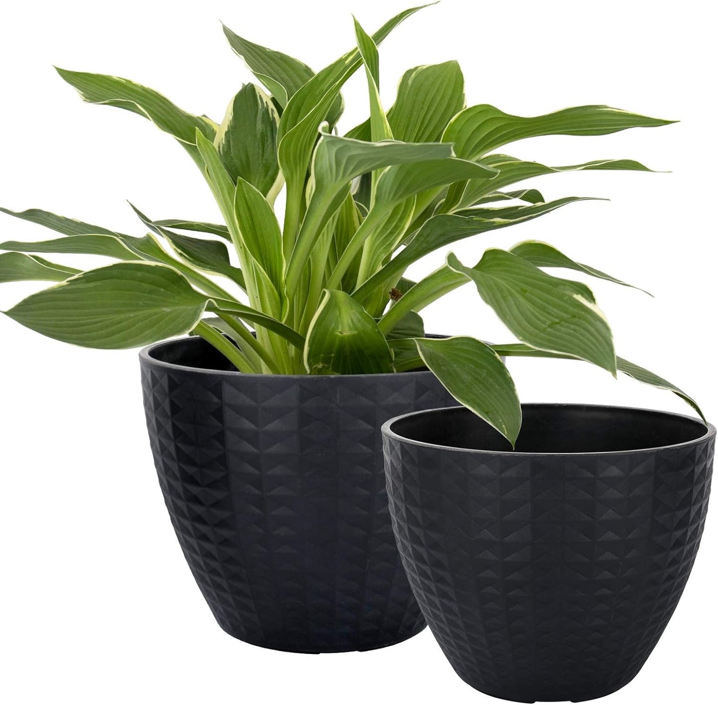 Flower Pots Outdoor Indoor, Modern Chic Planters with Geometric Mosaic Texture Patterns, Set of 2, Matte Black (8.6 + 7.5 Inch)