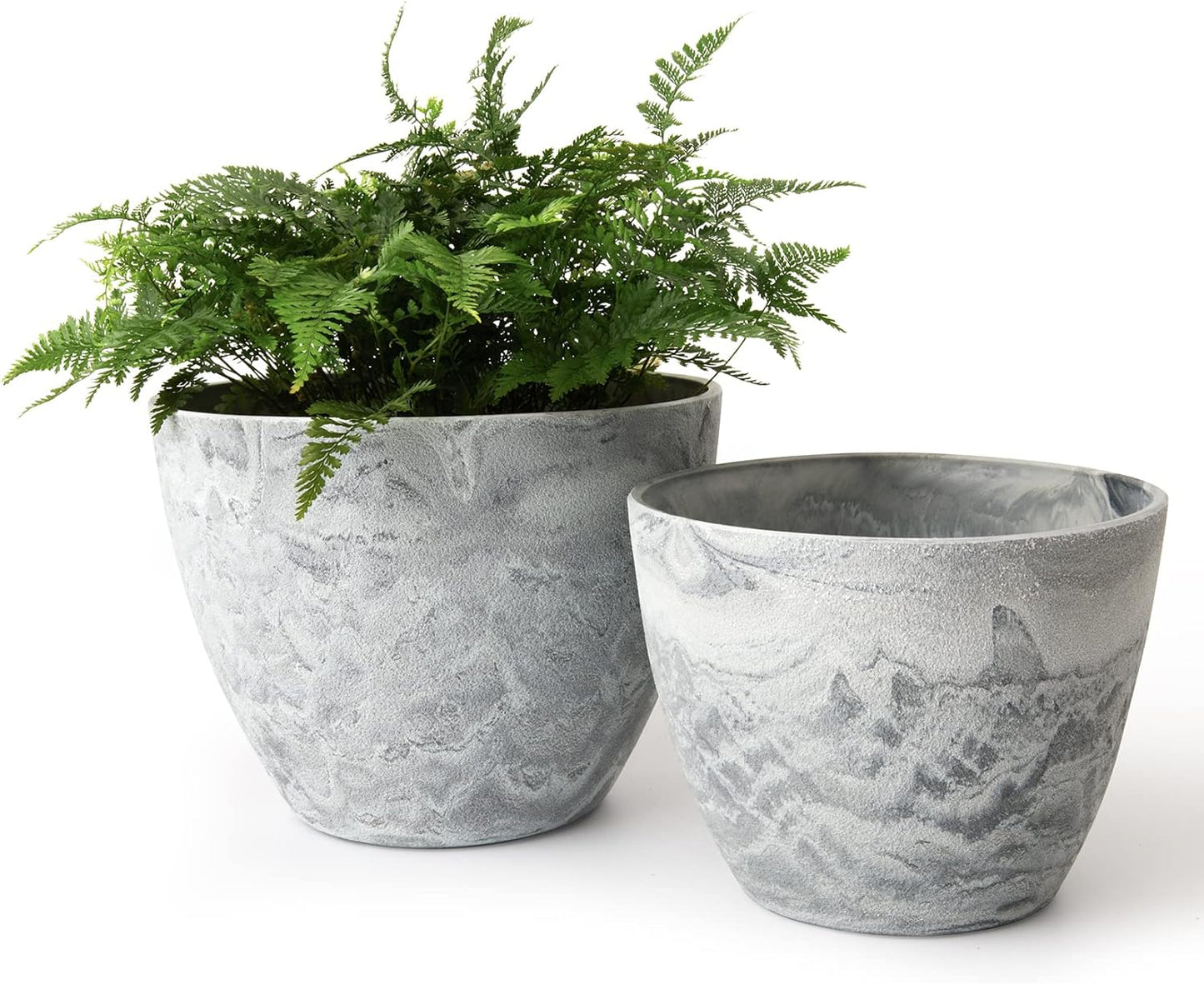 Flower Pots Outdoor Garden Planters, Indoor Plant Pots with Drainage Holes, Plastic, Marble Pattern Grey, Set 2 (8.6 + 7.5 Inch)