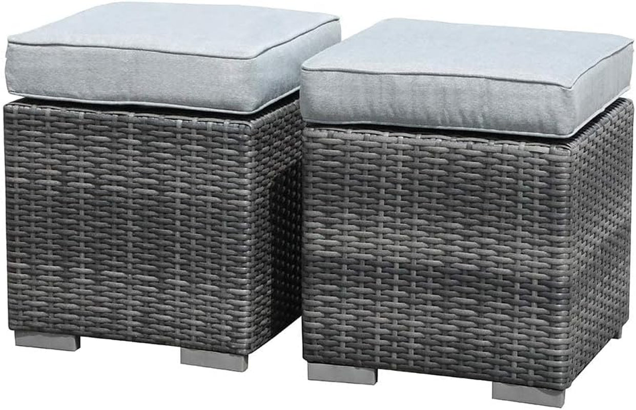 2 Pieces Assembled Outdoor Patio Ottoman, Indoor Outdoor All-Weather Grey Wicker Rattan Outdoor Footstool Footrest Seat with Light Grey Cushions, No Assembly Required
