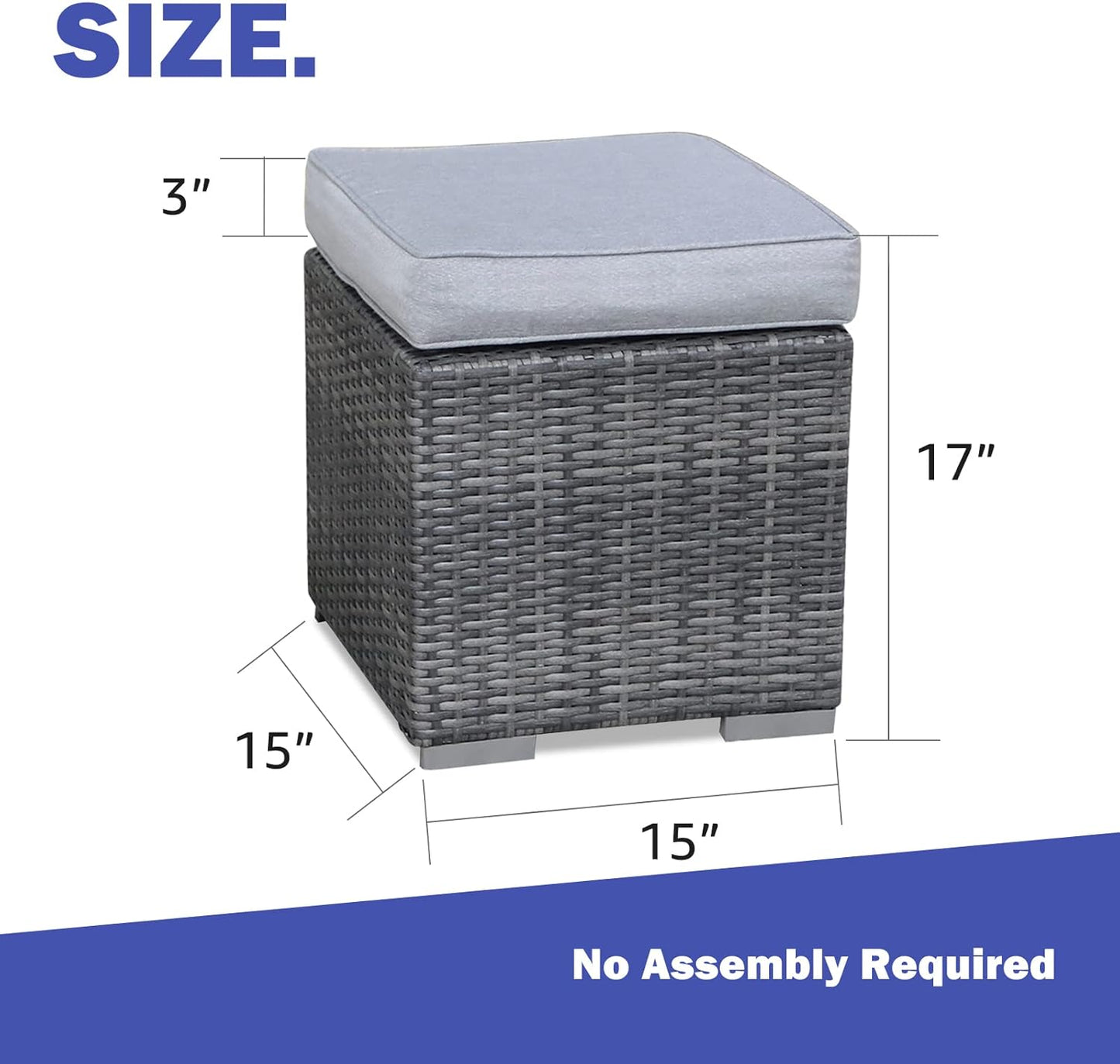 2 Pieces Assembled Outdoor Patio Ottoman, Indoor Outdoor All-Weather Grey Wicker Rattan Outdoor Footstool Footrest Seat with Light Grey Cushions, No Assembly Required