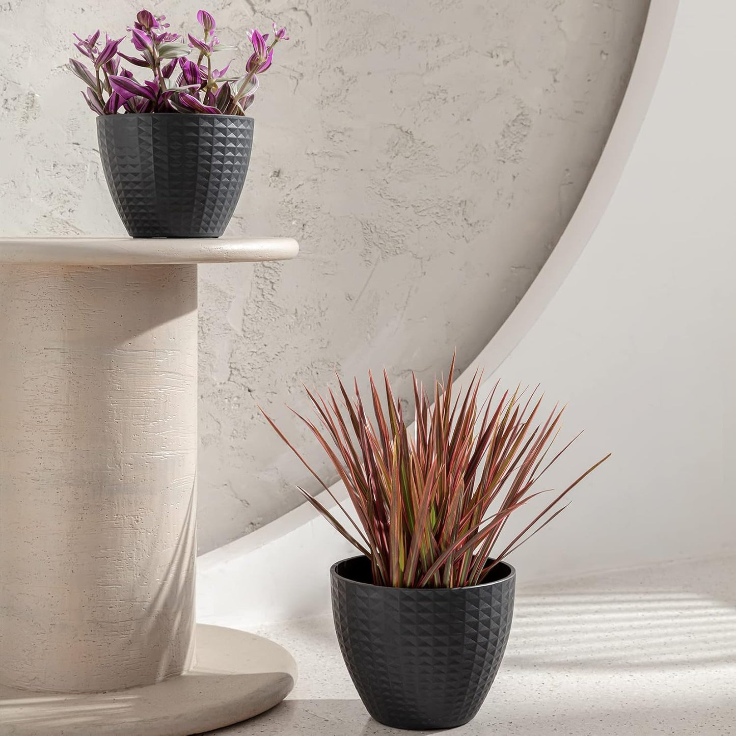 Flower Pots Outdoor Indoor, Modern Chic Planters with Geometric Mosaic Texture Patterns, Set of 2, Matte Black (8.6 + 7.5 Inch)