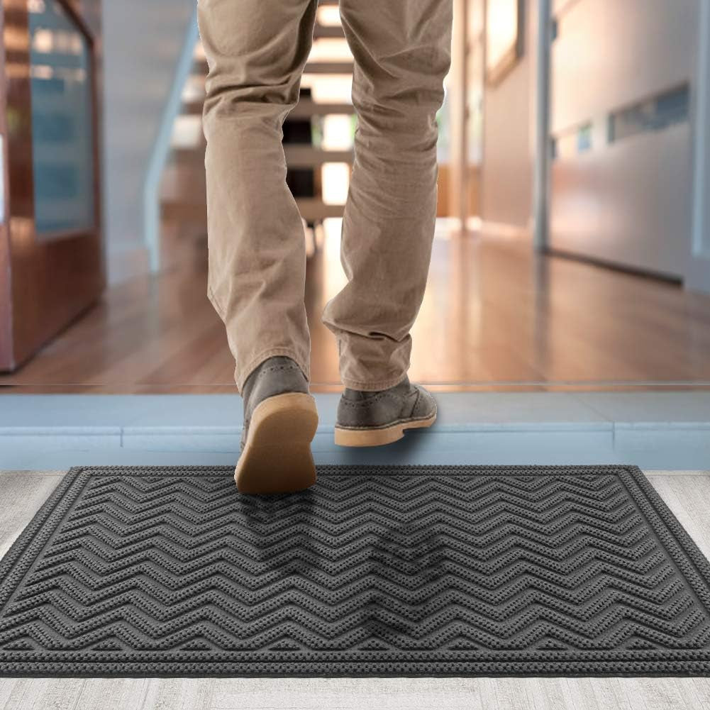 Front Door Mat, Dirt Trapper Welcome Mat for Outdoor Indoor, Non-Slip Waterproof Doormat, Durable Machine Washable Low Profile Entry Rug for Back Door outside Patio, 24" X 36", Gray Wave