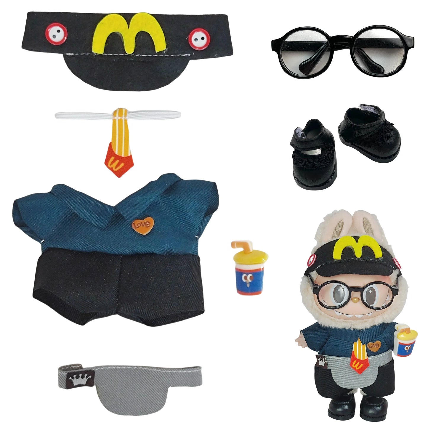 17Cm Labubu Plush Doll Vinyl Blind Box Hanging Charm - Waiter Outfit Changeable Costume Set