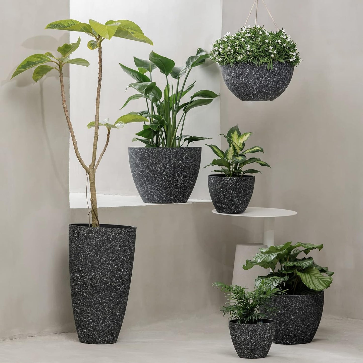 Flower Pots Outdoor Garden Planters, Indoor Plant Pots with Drainage Holes, Plastic, Speckled Black, Set 2 (7.5 + 7.5 Inch)