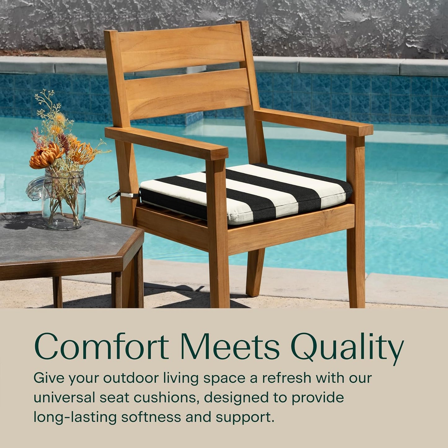 Outdoor Set of 2 Seat Pads, 18 X 17.5, Cabana Stripe Black & Ivory Universal Chair Cushions for Patio Furniture
