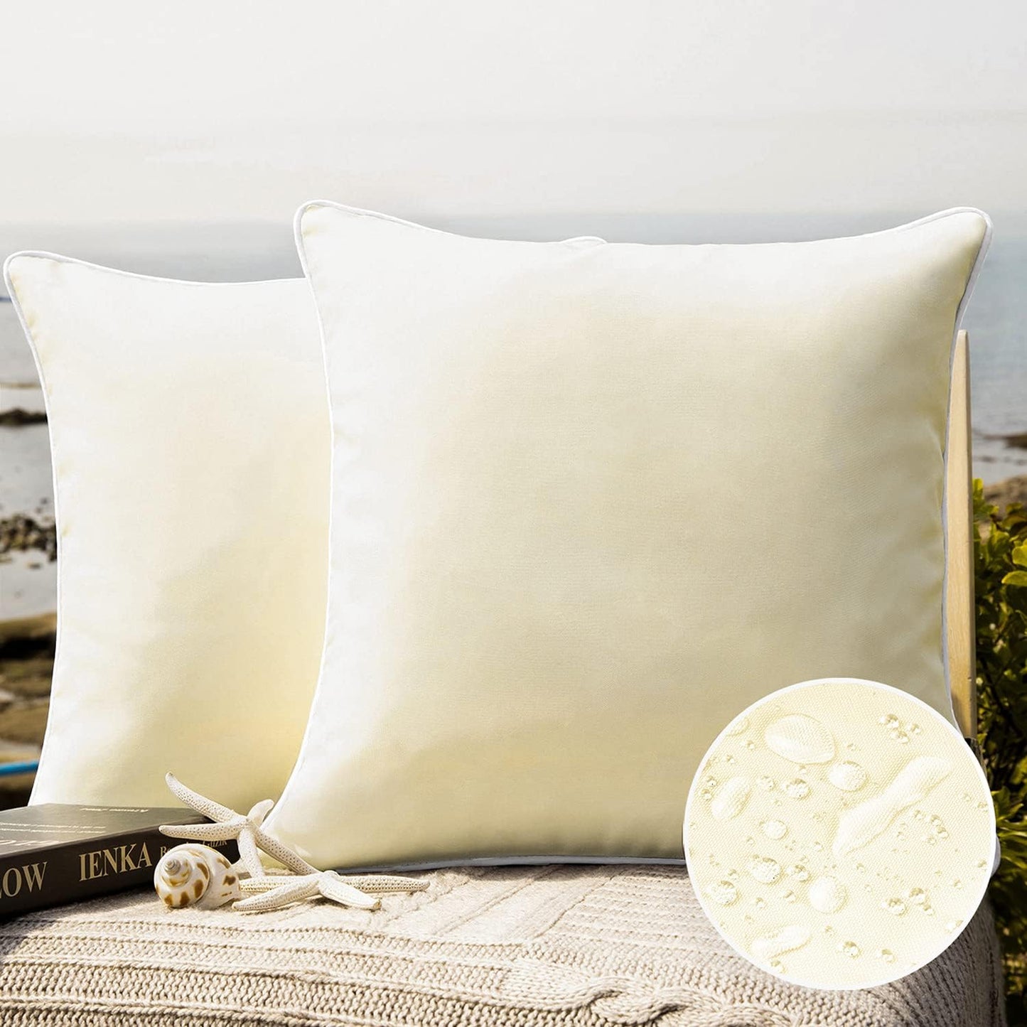 Pack of 2 Outdoor Waterproof Solid Throw Decorative Pillow Cover Decorative Square Outdoor Pillows Cushion Case Patio Pillows for Couch Tent Sunbrella (18''X18'', Cream Cheese)