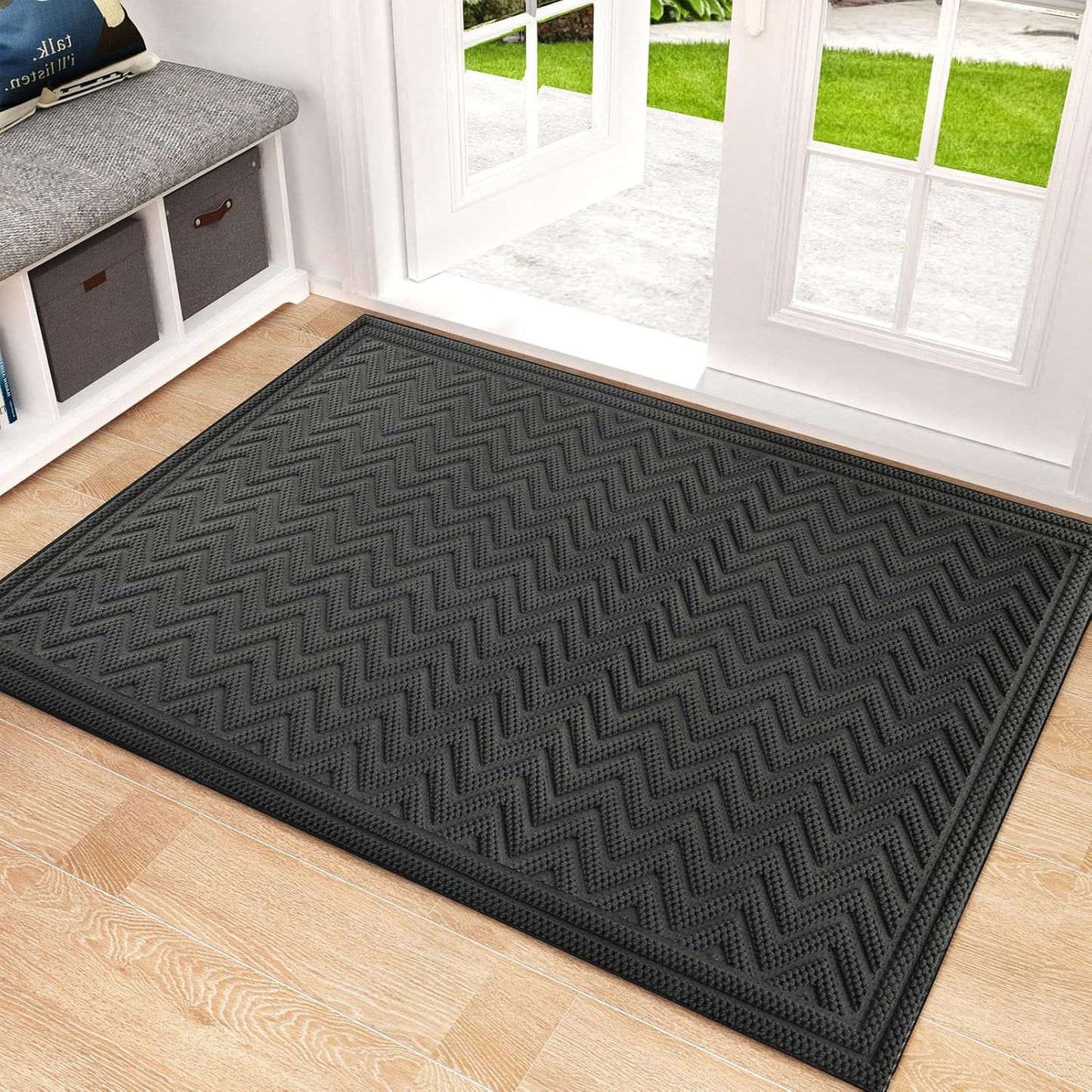 Front Door Mat, Dirt Trapper Welcome Mat for Outdoor Indoor, Non-Slip Waterproof Doormat, Durable Machine Washable Low Profile Entry Rug for Back Door outside Patio, 24" X 36", Gray Wave