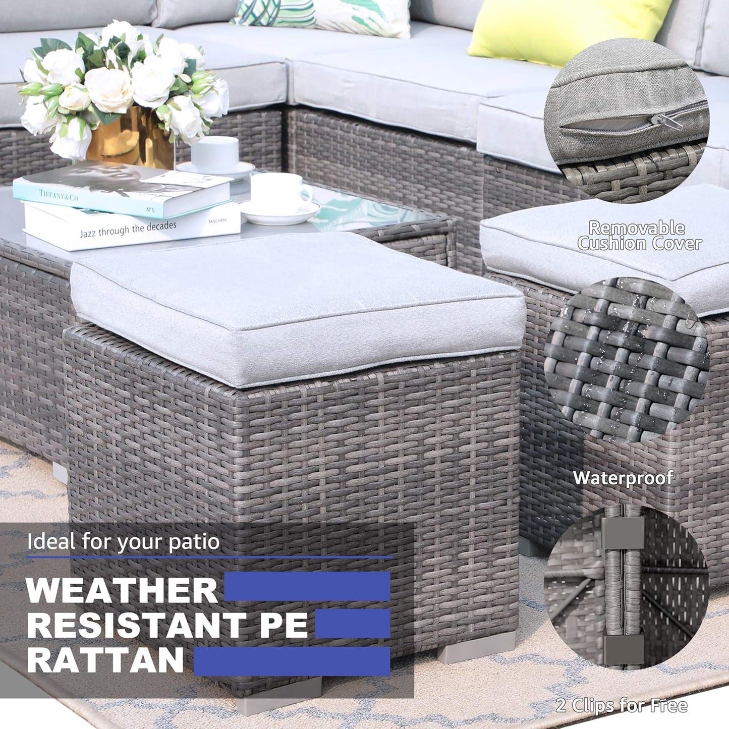2 Pieces Assembled Outdoor Patio Ottoman, Indoor Outdoor All-Weather Grey Wicker Rattan Outdoor Footstool Footrest Seat with Light Grey Cushions, No Assembly Required