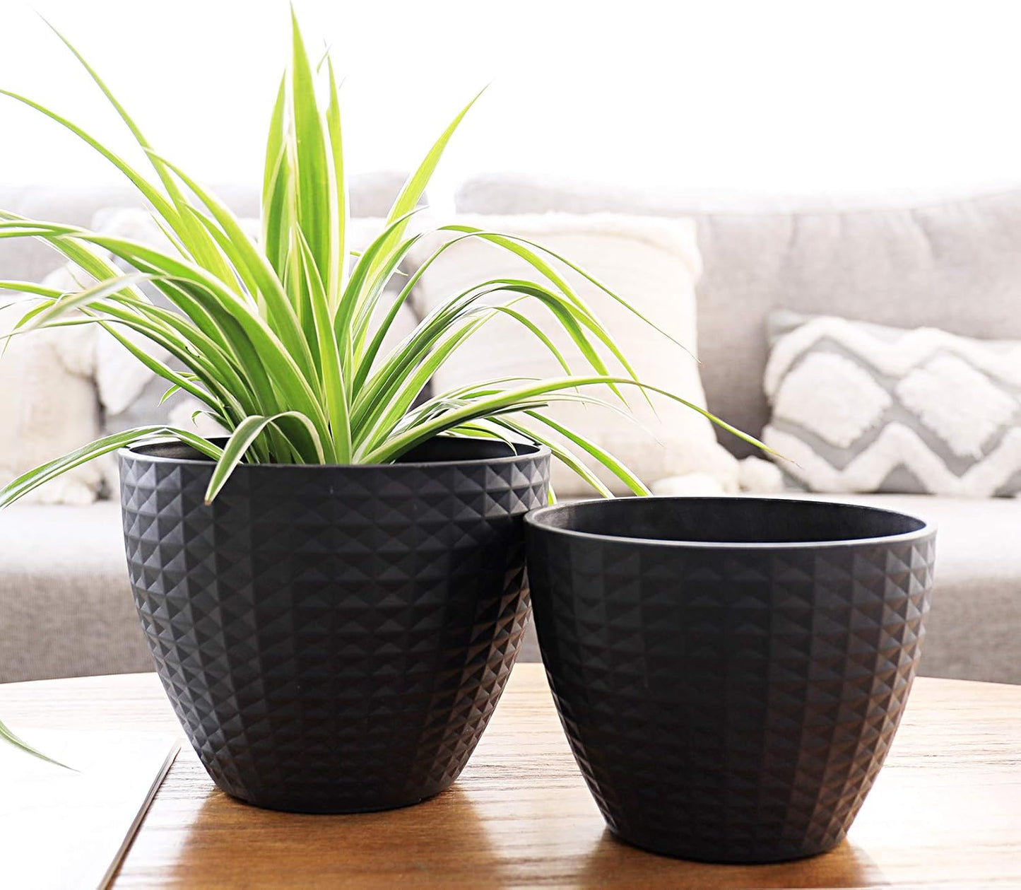 Flower Pots Outdoor Indoor, Modern Chic Planters with Geometric Mosaic Texture Patterns, Set of 2, Matte Black (8.6 + 7.5 Inch)
