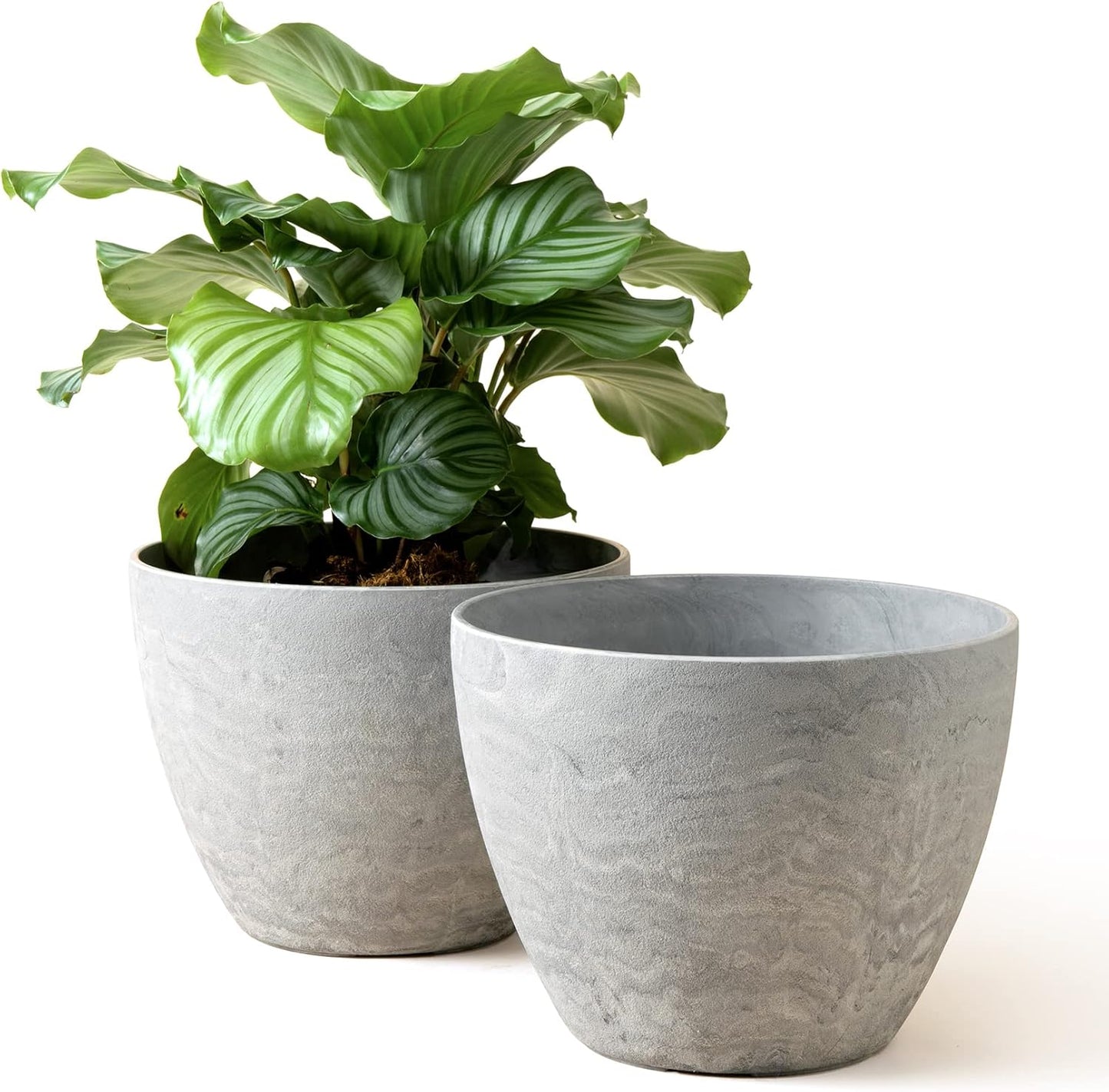 Flower Pot Large Garden Planters 11.3 Inches Pack 2 Outdoor Indoor, Resin Plant Containers with Drain Hole (Marble)