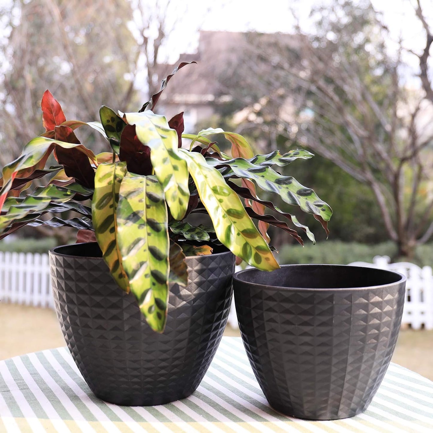 Flower Pots Outdoor Indoor, Modern Chic Planters with Geometric Mosaic Texture Patterns, Set of 2, Matte Black (8.6 + 7.5 Inch)
