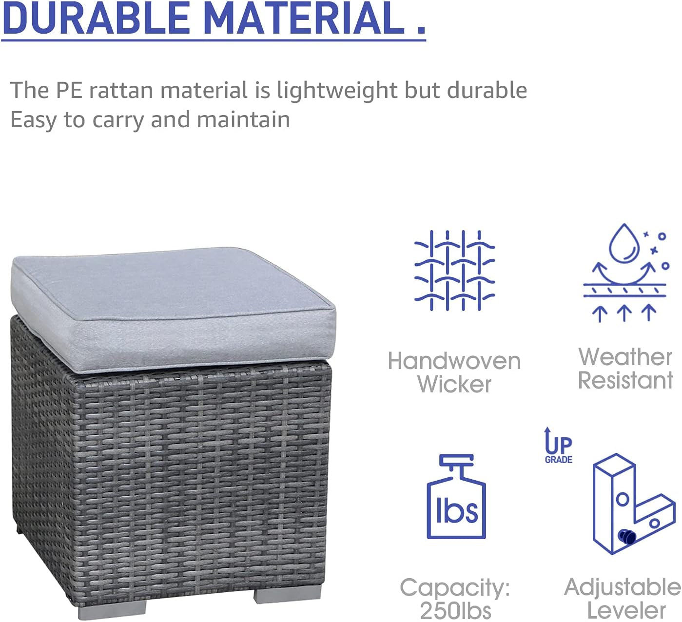 2 Pieces Assembled Outdoor Patio Ottoman, Indoor Outdoor All-Weather Grey Wicker Rattan Outdoor Footstool Footrest Seat with Light Grey Cushions, No Assembly Required