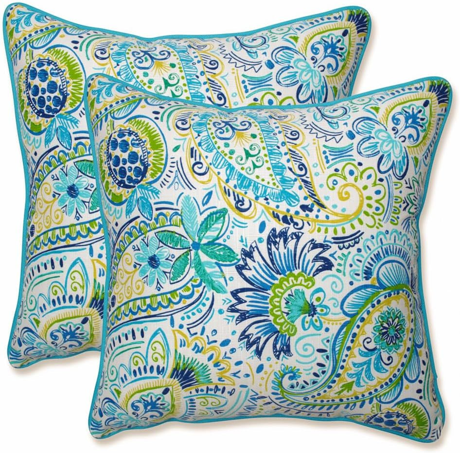 Paisley Indoor/Outdoor Accent Throw Pillow, Plush Fill, Weather, and Fade Resistant, Large Throw - 18.5" X 18.5", Blue/Yellow Gilford, 2 Count