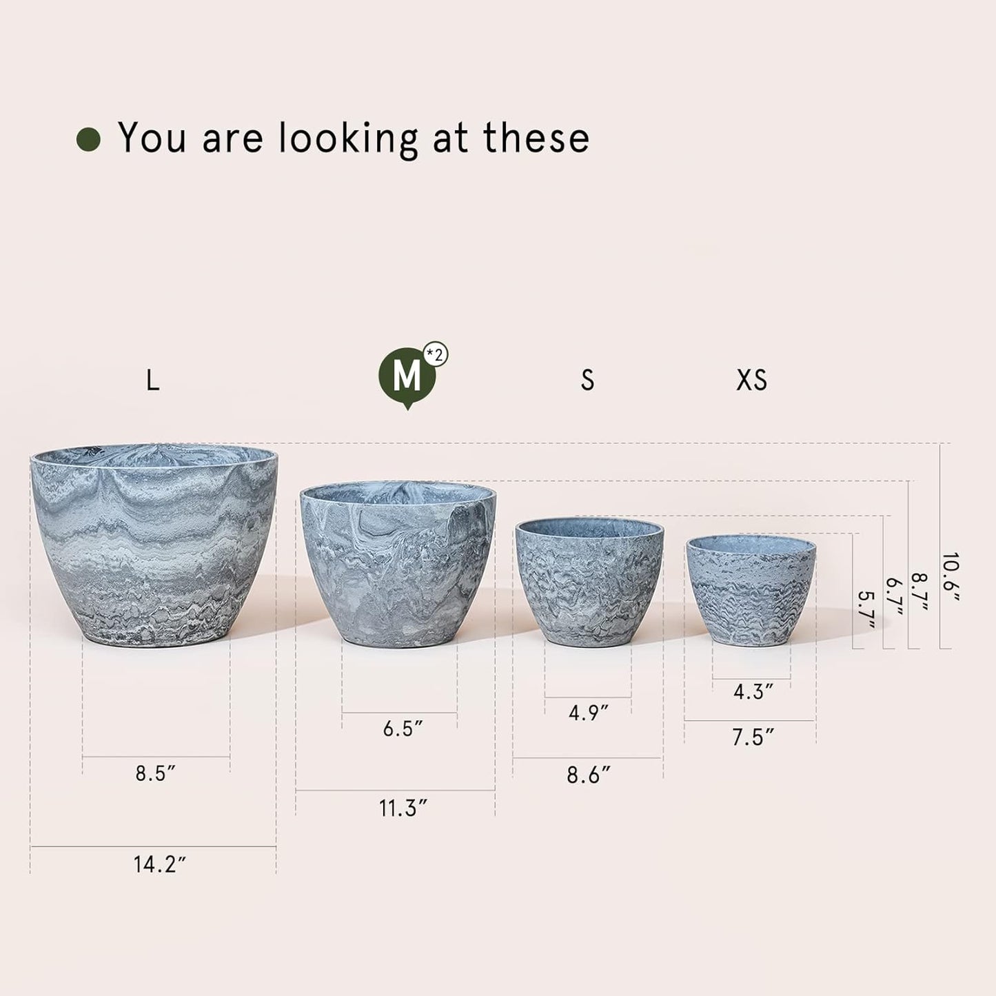 Flower Pot Large Garden Planters 11.3 Inches Pack 2 Outdoor Indoor, Resin Plant Containers with Drain Hole (Marble)