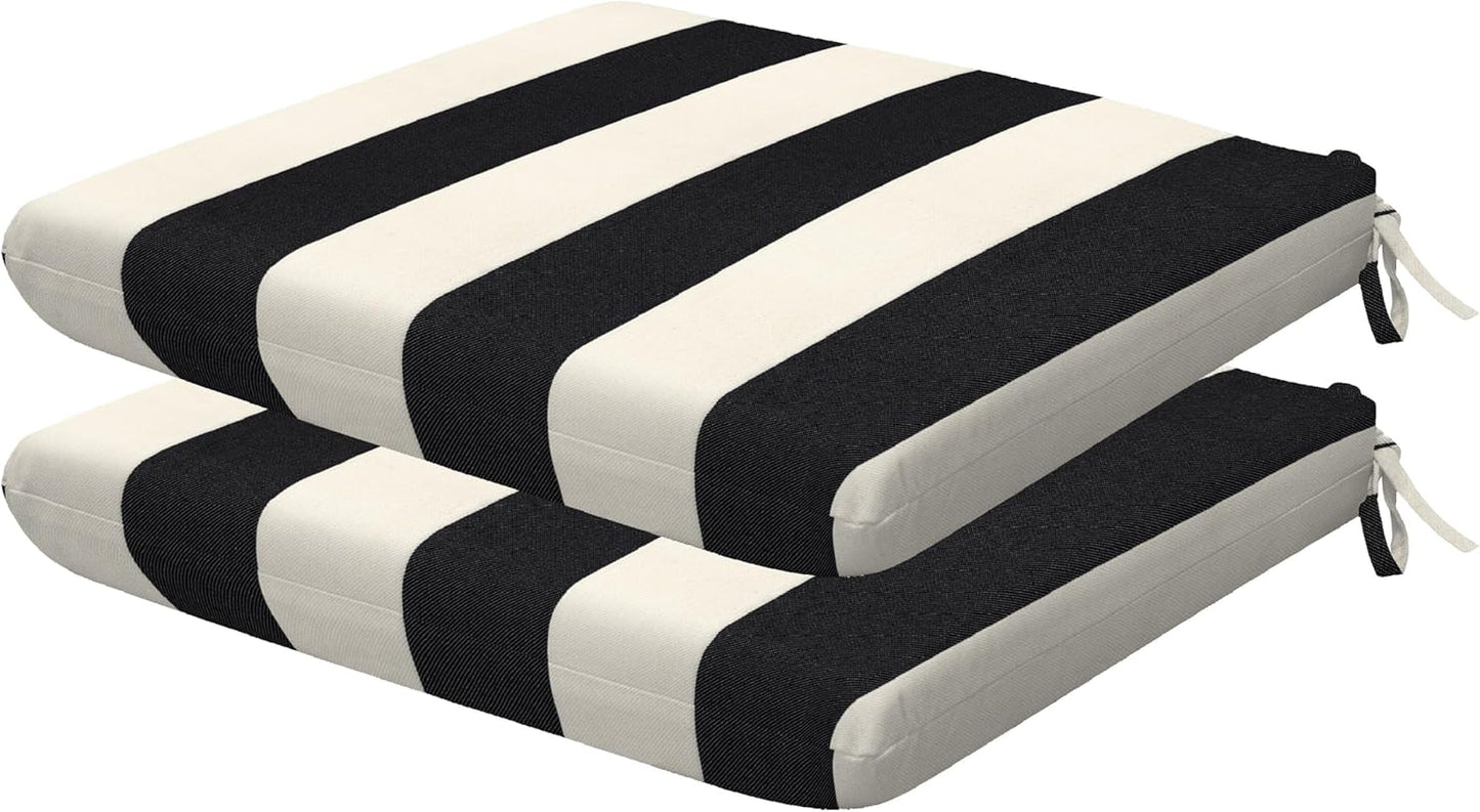 Outdoor Set of 2 Seat Pads, 18 X 17.5, Cabana Stripe Black & Ivory Universal Chair Cushions for Patio Furniture