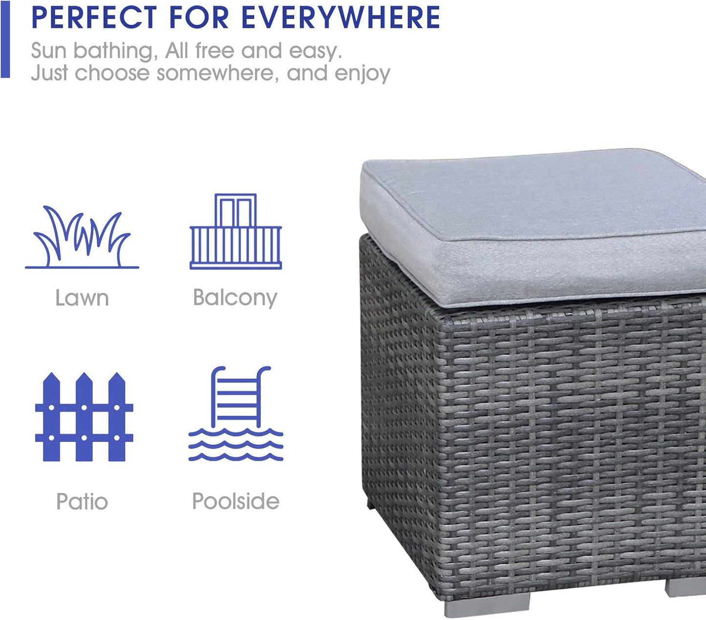 2 Pieces Assembled Outdoor Patio Ottoman, Indoor Outdoor All-Weather Grey Wicker Rattan Outdoor Footstool Footrest Seat with Light Grey Cushions, No Assembly Required
