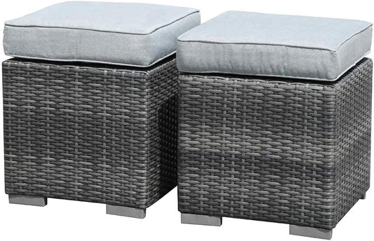 2 Pieces Assembled Outdoor Patio Ottoman, Indoor Outdoor All-Weather Grey Wicker Rattan Outdoor Footstool Footrest Seat with Light Grey Cushions, No Assembly Required